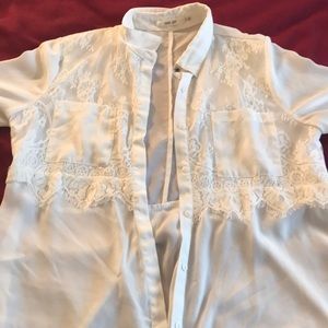 White lace button down